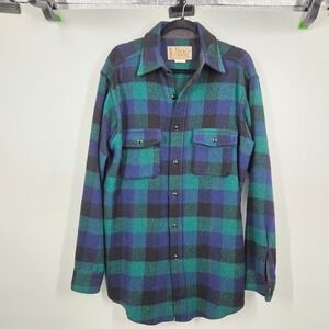 VTG Soo Woolen Traverse SZ TL Blue Green Wool Button Shirt Jacket Hunting RARE